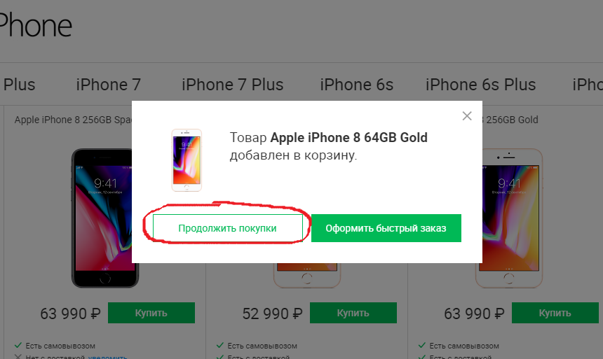 Жмете на кнопку Продолжить покупки.